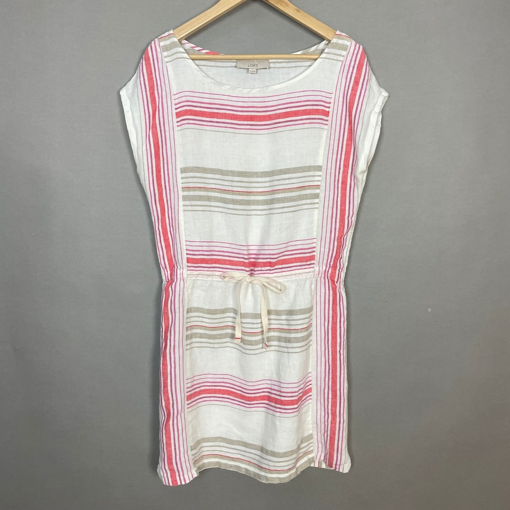 Loft Linen Dress Striped Drawstring Waist Cap Sleeve Dress Pink Tan White Medium